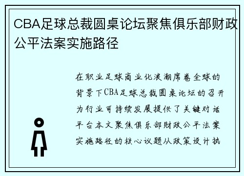 CBA足球总裁圆桌论坛聚焦俱乐部财政公平法案实施路径