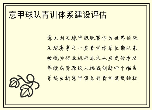 意甲球队青训体系建设评估