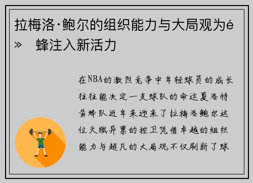拉梅洛·鲍尔的组织能力与大局观为黄蜂注入新活力